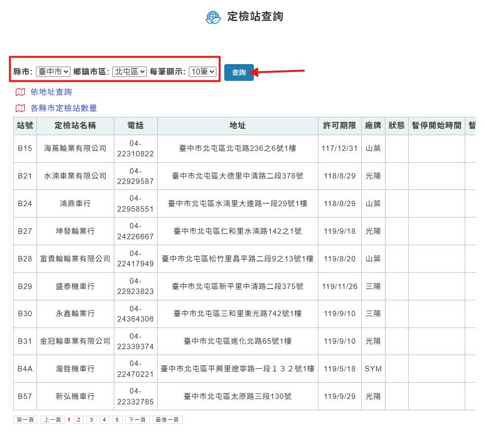 機車排氣檢驗站查詢教學步驟二：篩選所處縣市，查詢合格機車排氣檢驗站